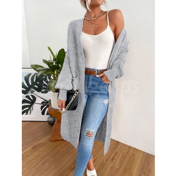 Grey Duster Cardigan Front Pockets Cable Knit Long Sleeve Midi Length - Picture 2 of 8